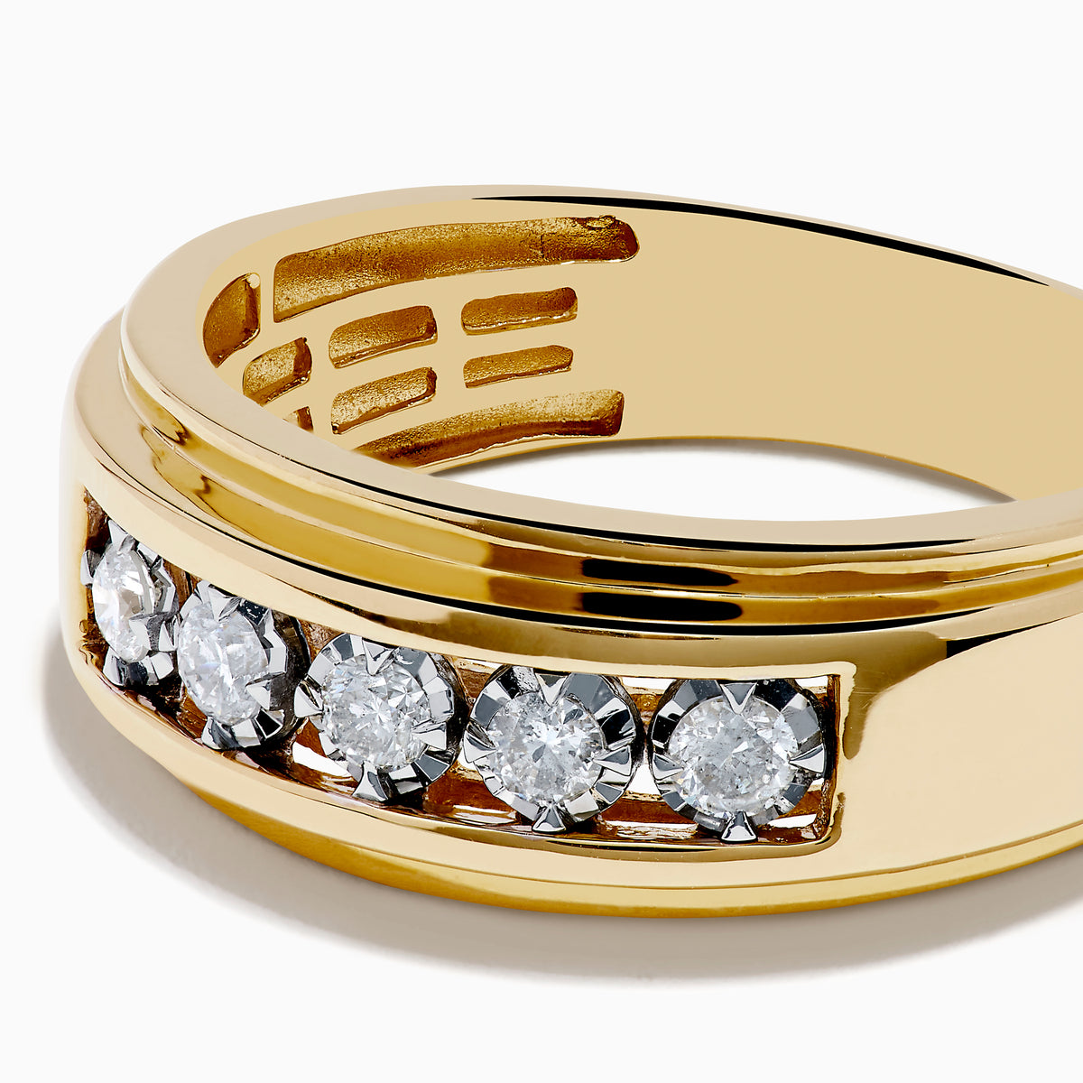 The Mens 14K White and Yellow Gold Diamond Ring features a flat top with five round diamonds set horizontally at the center, blending elegant white and yellow gold, displayed against a plain white background.
