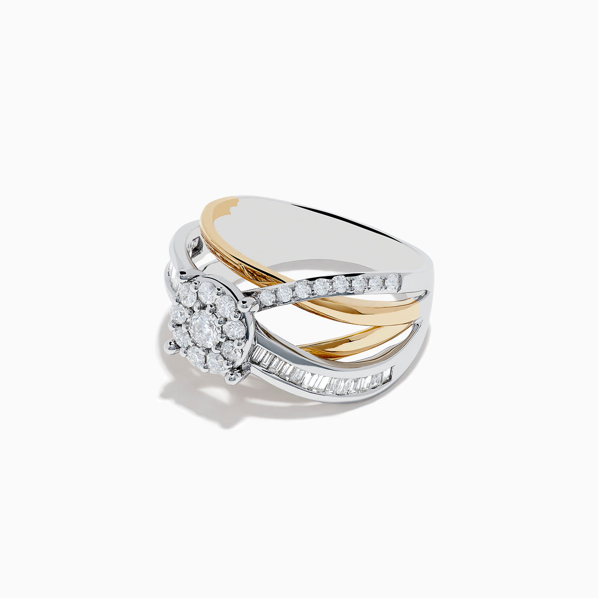 The Duo 14K Two Tone Gold Diamond Cross Over Ring 0.89 TCW features a round diamond cluster at the center and baguette-cut diamonds along the split shank, beautifully crafted for a stunning look.