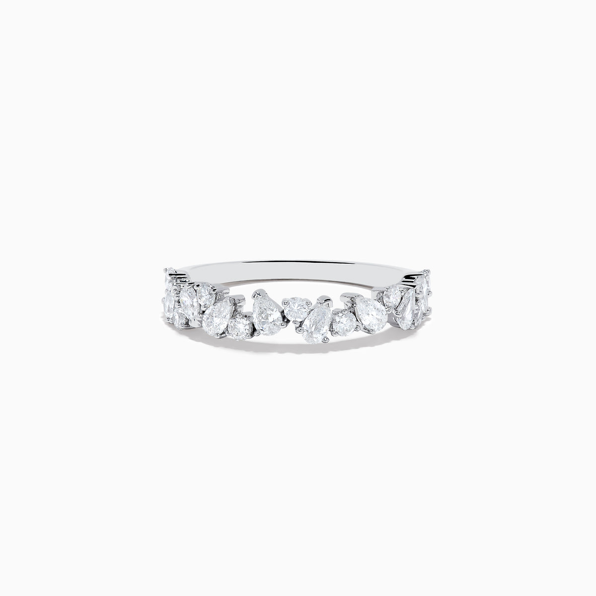 The Pave Classica 14K White Gold Multi Shape Diamond Band 0.80 TCW showcases a row of closely set mixed-shape white diamonds on a sleek white gold band, photographed against a plain white background.