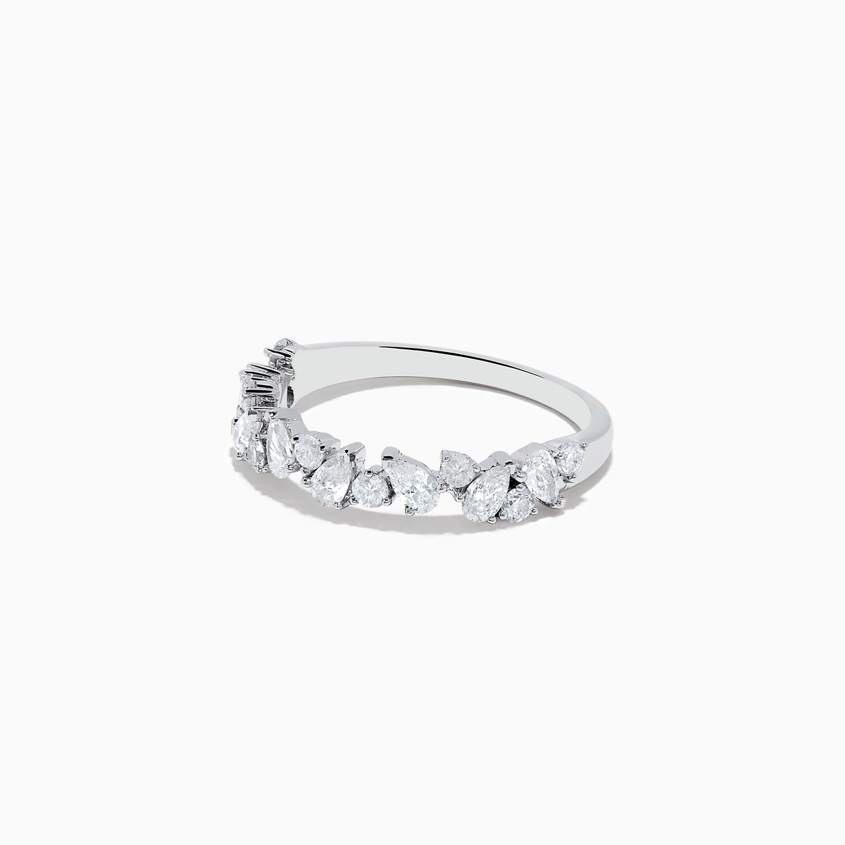 The Pave Classica 14K White Gold Multi Shape Diamond Band 0.80 TCW showcases a row of closely set mixed-shape white diamonds on a sleek white gold band, photographed against a plain white background.