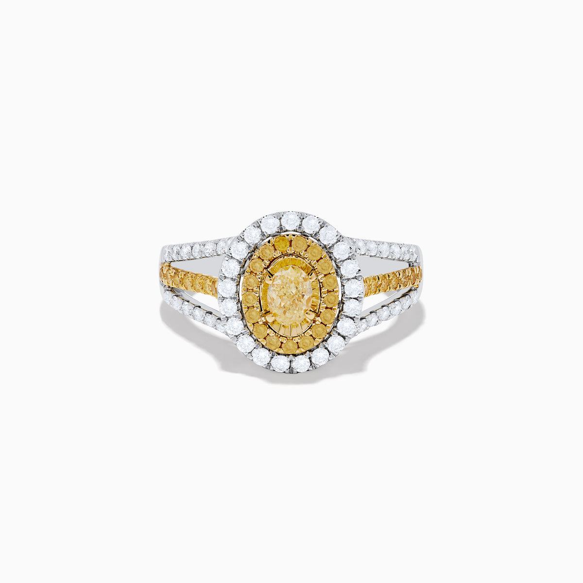 A close-up of the Canare 18K Two Tone Gold White and Yellow Diamond Ring, showcasing a yellow center stone in a halo of yellow and white diamonds on a split band with additional white and yellow diamonds.