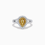 The Canare 18K Two-Tone Gold Pear Shaped Double Halo Yellow Diamond Ring features a yellow diamond with a double halo of white diamonds, set in an 18K gold band and displayed on a white background.