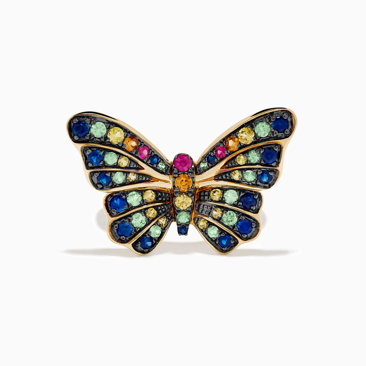 The Watercolors 14K Yellow Gold Multi Sapphire Butterfly Ring features blue, green, yellow, and pink sapphires in intricate wing patterns for a vibrant, eye-catching look.