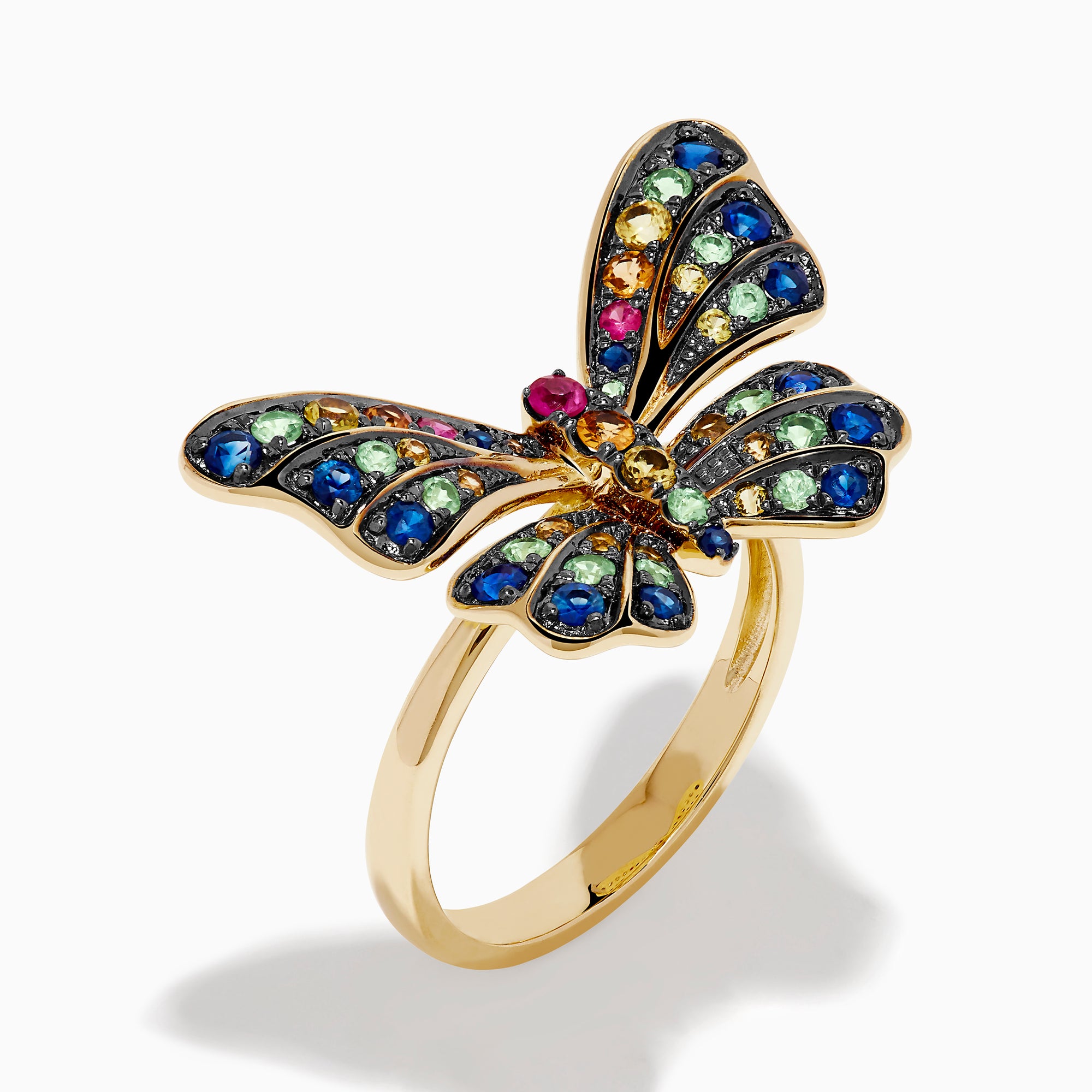 The Watercolors 14K Yellow Gold Multi Sapphire Butterfly Ring features blue, green, yellow, and pink sapphires in intricate wing patterns for a vibrant, eye-catching look.