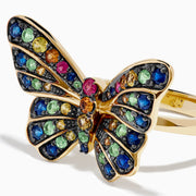 The Watercolors 14K Yellow Gold Multi Sapphire Butterfly Ring features blue, green, yellow, and pink sapphires in intricate wing patterns for a vibrant, eye-catching look.