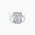 The 14K White Gold Diamond Statement Ring showcases a square-shaped setting with a cluster of round diamonds at the center, bordered by baguette-cut diamonds.