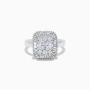 The 14K White Gold Diamond Statement Ring showcases a square-shaped setting with a cluster of round diamonds at the center, bordered by baguette-cut diamonds.