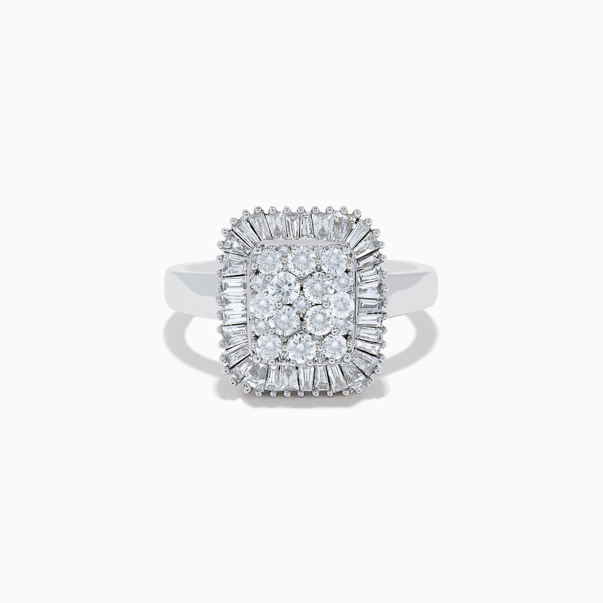 The 14K White Gold Diamond Statement Ring showcases a square-shaped setting with a cluster of round diamonds at the center, bordered by baguette-cut diamonds.