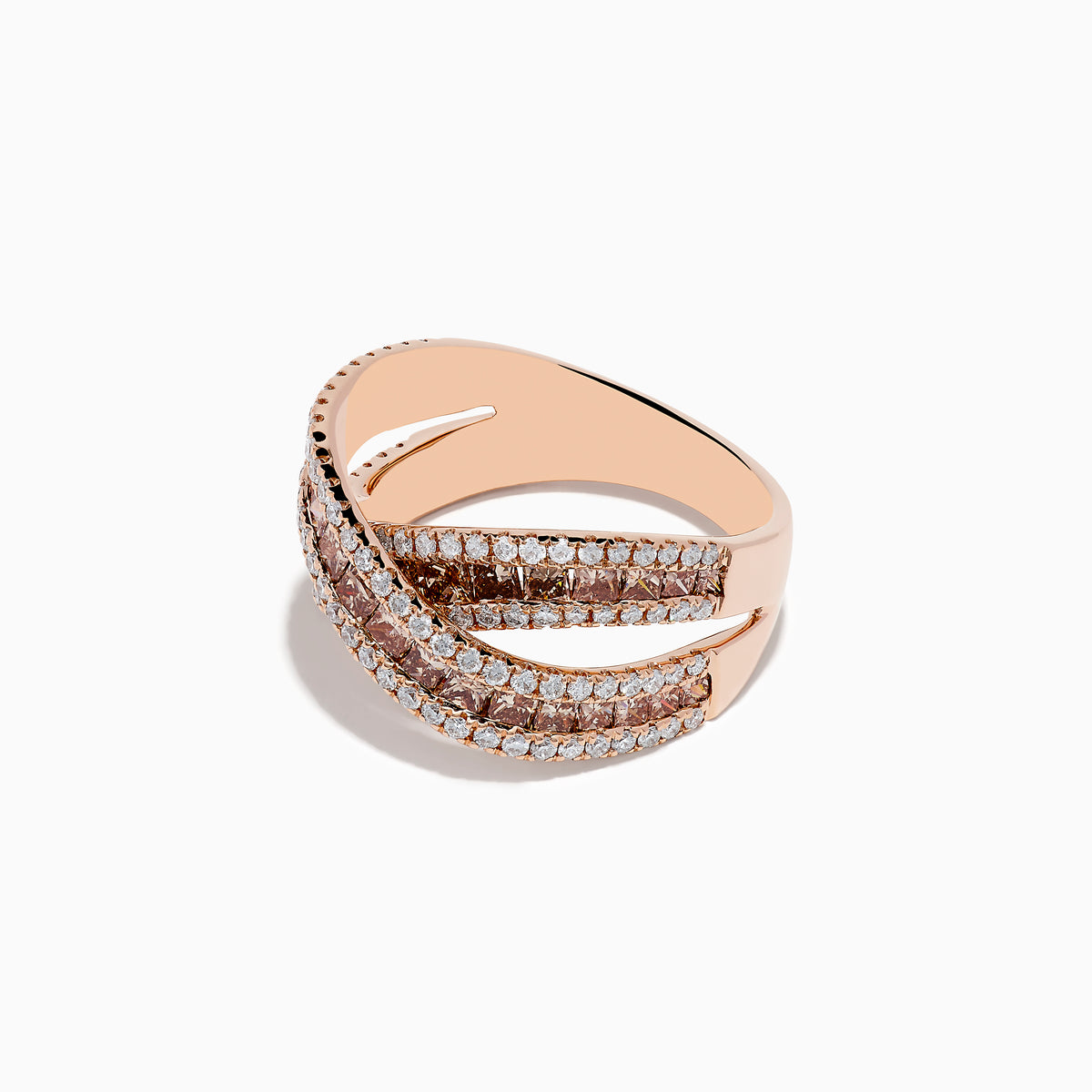The 14K Rose Gold Espresso and White Diamond Crossover Ring features an overlapping crisscross design with rows of sparkling white and espresso diamonds set in a wide band.