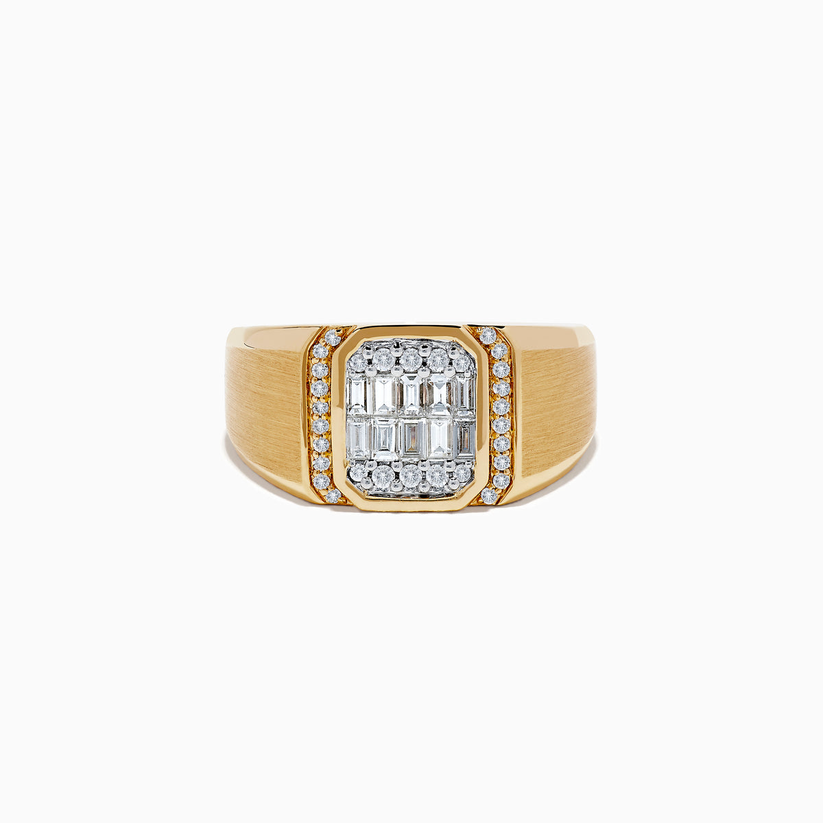 The Mens 14K Two Tone Gold Diamond Ring features a rectangular face with rows of baguette-cut and round diamonds, offering a bold, sophisticated look. Crafted in 14K two tone gold, this Effy ring is perfect for modern style.