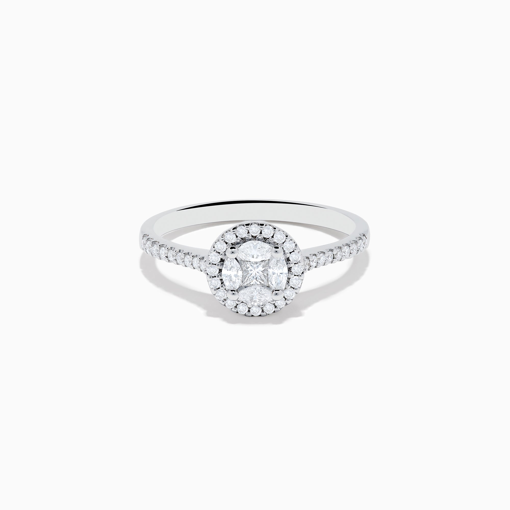 The Bouquet 14K White Gold Diamond Cluster Ring features an oval center diamond with a halo of smaller diamonds and a diamond-studded band, beautifully displayed against a plain white background.