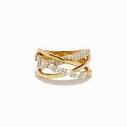 The D'oro 14K Yellow Gold Diamond Crossover Ring features multiple overlapping bands set with rows of sparkling diamonds, shown on a white background.