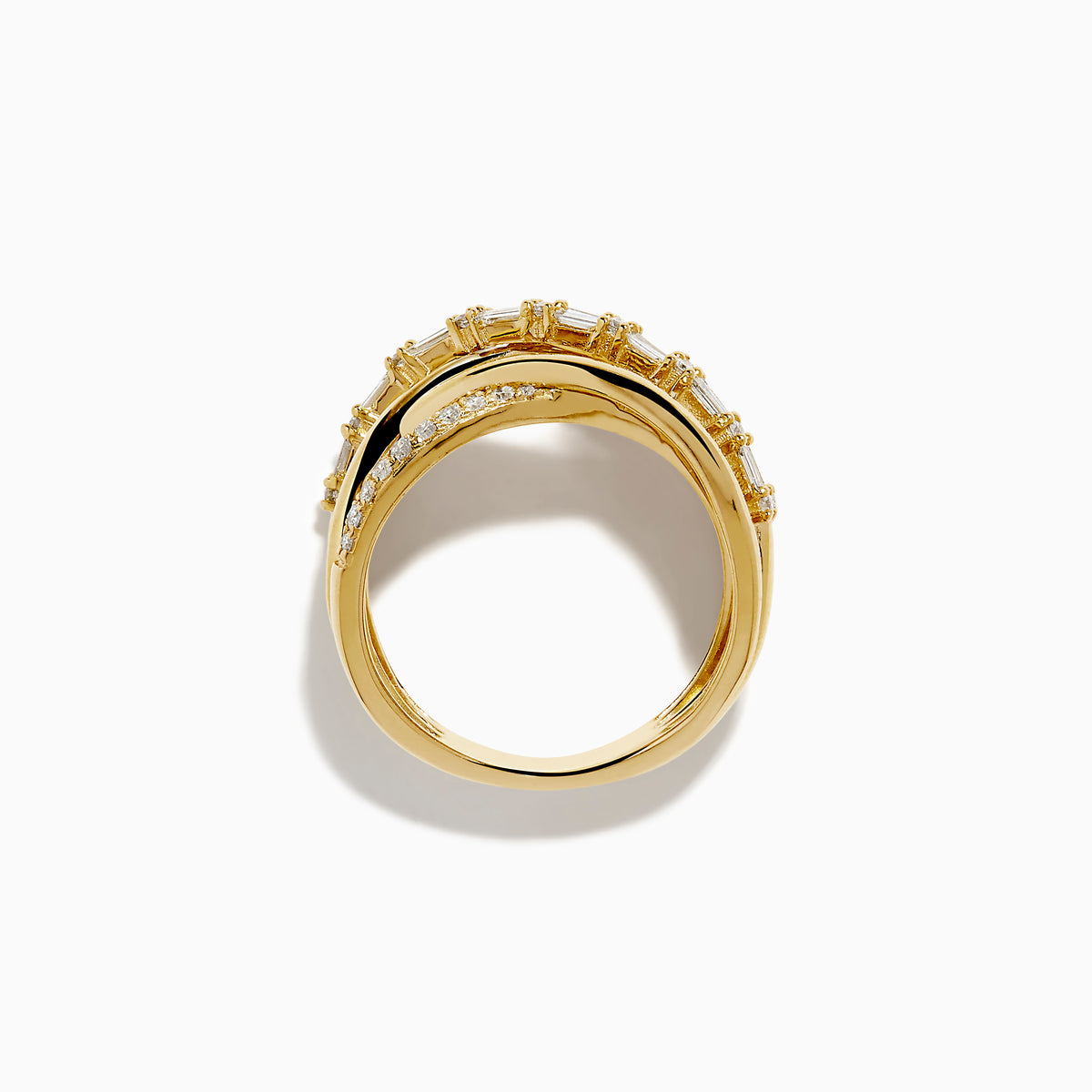 The D'oro 14K Yellow Gold Diamond Crossover Ring features multiple overlapping bands set with rows of sparkling diamonds, shown on a white background.