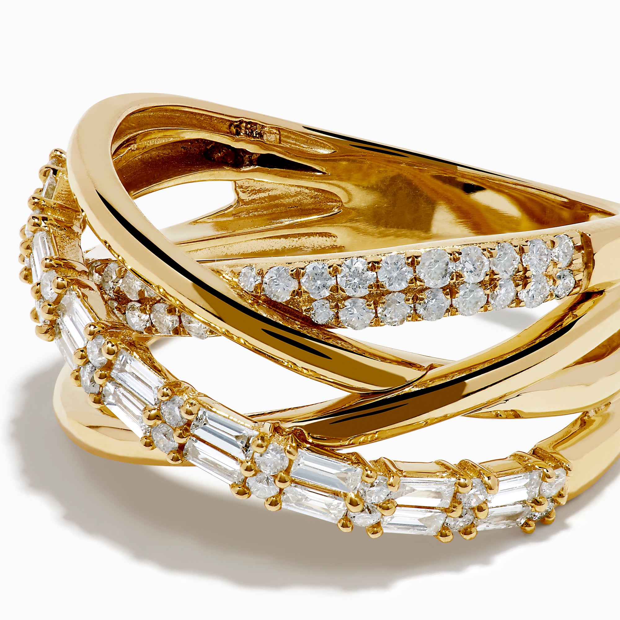 The D'oro 14K Yellow Gold Diamond Crossover Ring features multiple overlapping bands set with rows of sparkling diamonds, shown on a white background.
