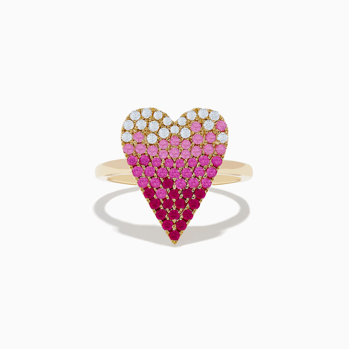 The 14K Yellow Gold Pink Sapphire & Diamond Heart Ring features a heart-shaped top with diamonds, pink sapphires, and deep red stones in a gradient grid pattern.
