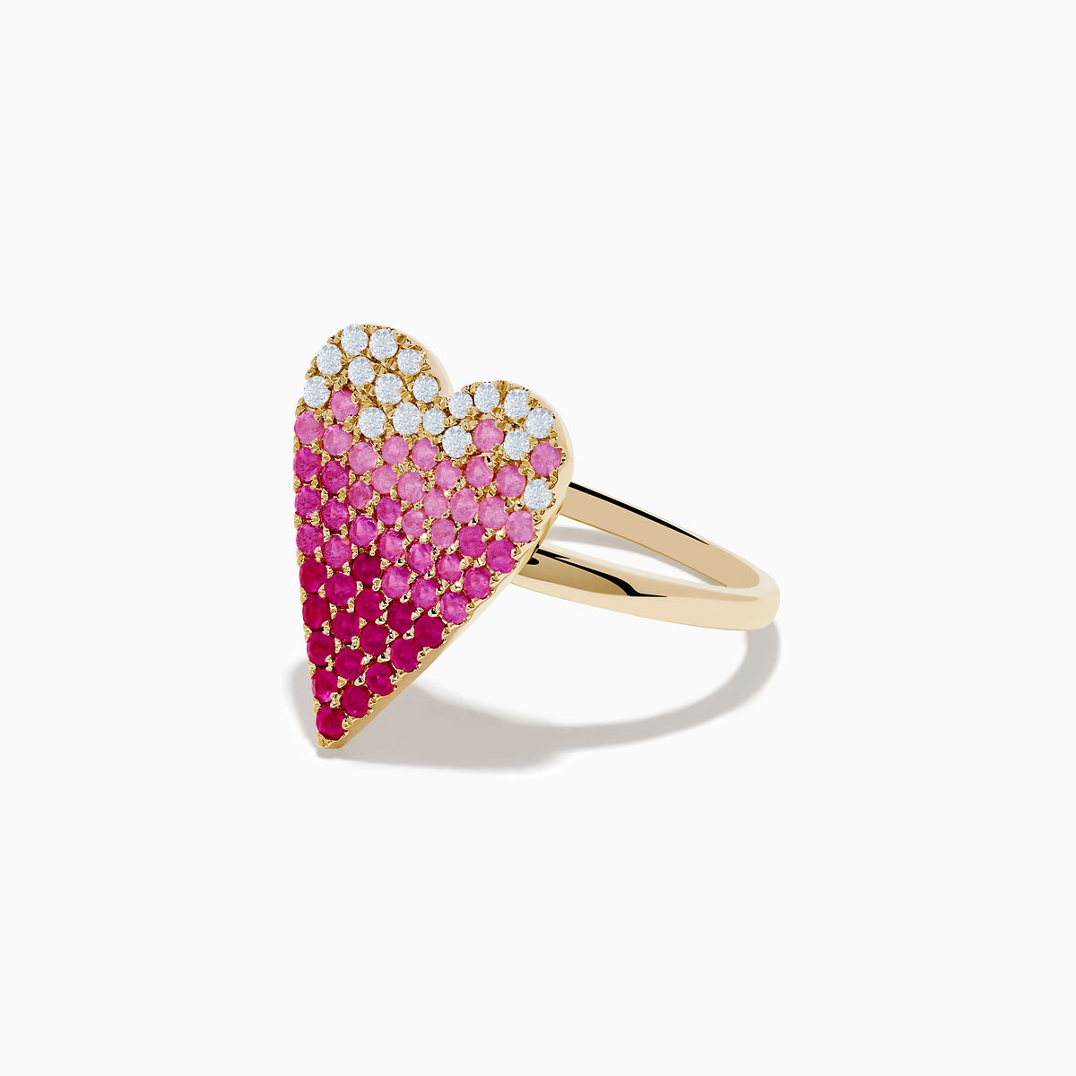 The 14K Yellow Gold Pink Sapphire & Diamond Heart Ring features a heart-shaped top with diamonds, pink sapphires, and deep red stones in a gradient grid pattern.