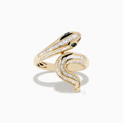 The Safari 14K Yellow Gold Emerald and Diamond Snake Ring features baguette-cut diamonds along its body and two emerald gemstones for eyes, shown on a white background.