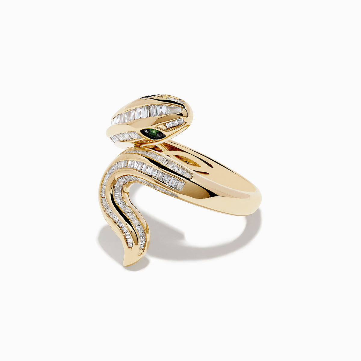 The Safari 14K Yellow Gold Emerald and Diamond Snake Ring features baguette-cut diamonds along its body and two emerald gemstones for eyes, shown on a white background.