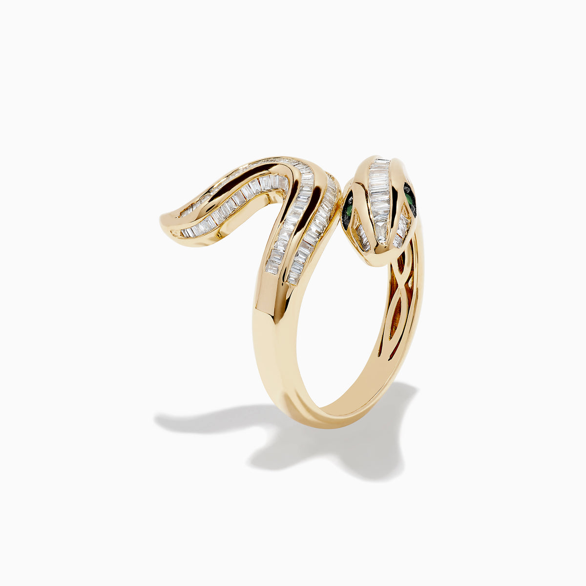 The Safari 14K Yellow Gold Emerald and Diamond Snake Ring features baguette-cut diamonds along its body and two emerald gemstones for eyes, shown on a white background.