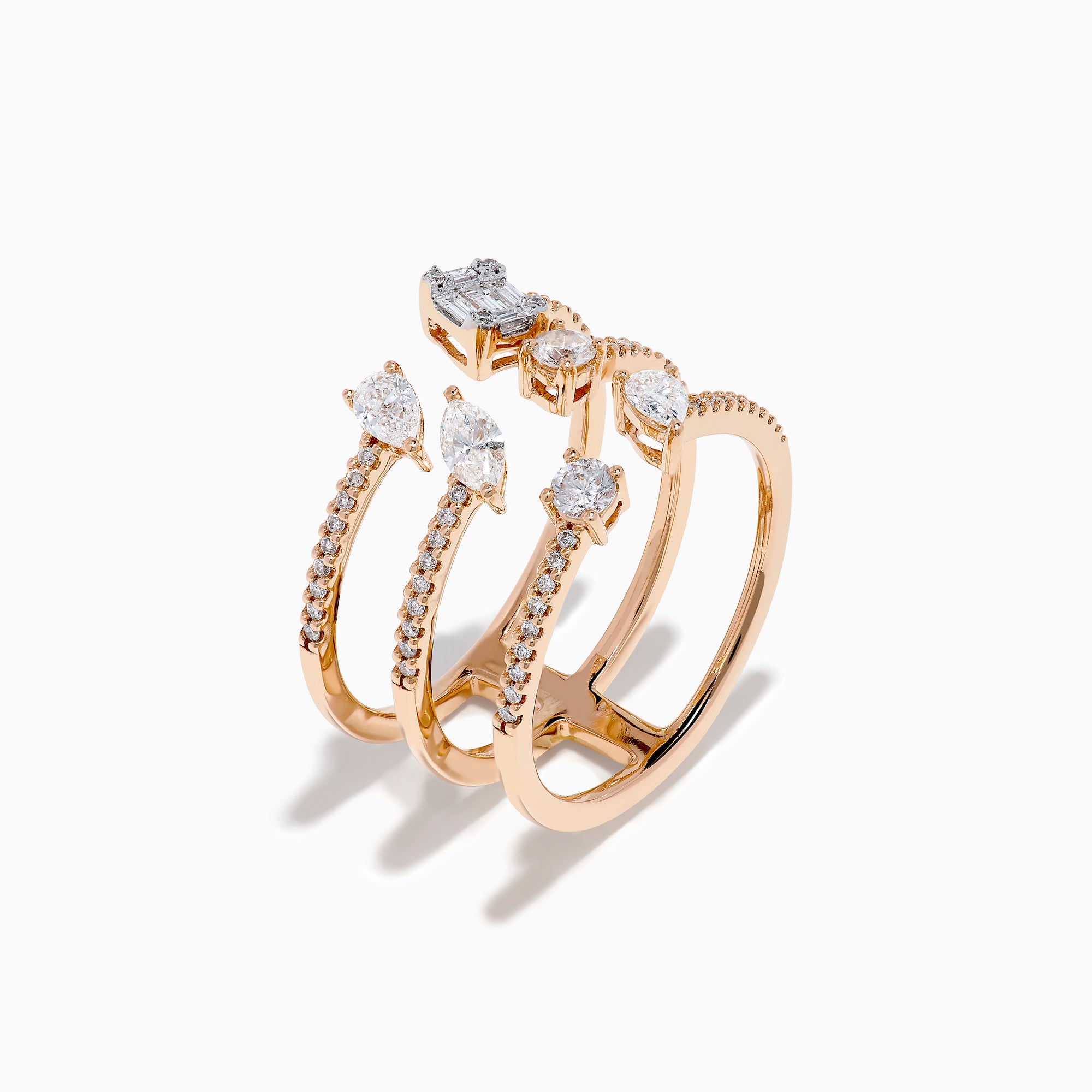 The Pave Rose 14K Rose Gold Diamond Ring features four open bands adorned with pavé diamonds and assorted clear gemstones—including teardrop and rectangular cuts—for an elegant, multi-layered look.