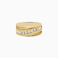 The Mens 14K Yellow Gold Diamond Ring features a wide, modern layered design with a diagonal row of round white diamonds set across the front.