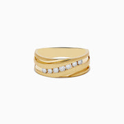 The Mens 14K Yellow Gold Diamond Ring features a wide, modern layered design with a diagonal row of round white diamonds set across the front.