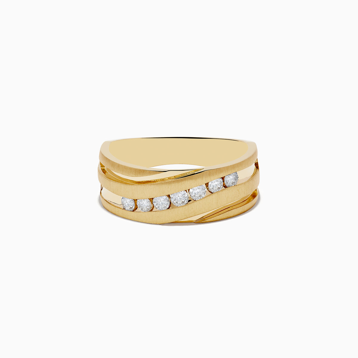 The Mens 14K Yellow Gold Diamond Ring features a wide, modern layered design with a diagonal row of round white diamonds set across the front.