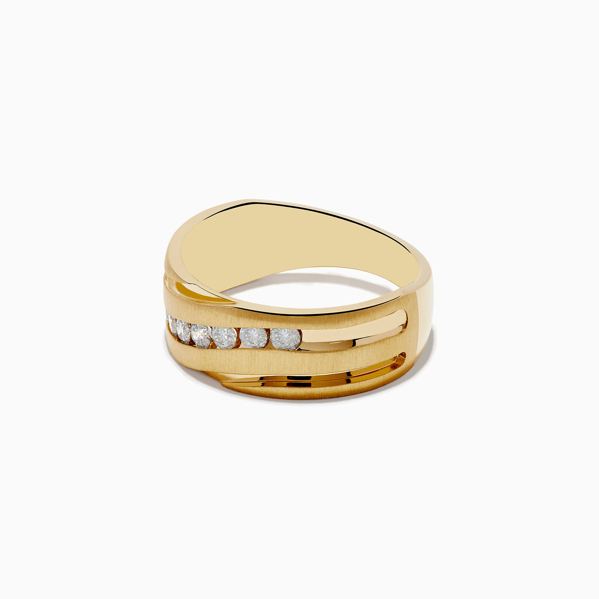 The Mens 14K Yellow Gold Diamond Ring features a wide, modern layered design with a diagonal row of round white diamonds set across the front.