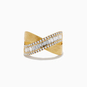 The DOro 14K Brushed Yellow Gold Diamond Criss Cross Ring showcases a bold crisscross design with baguette and round diamonds, all set on a matte gold band.