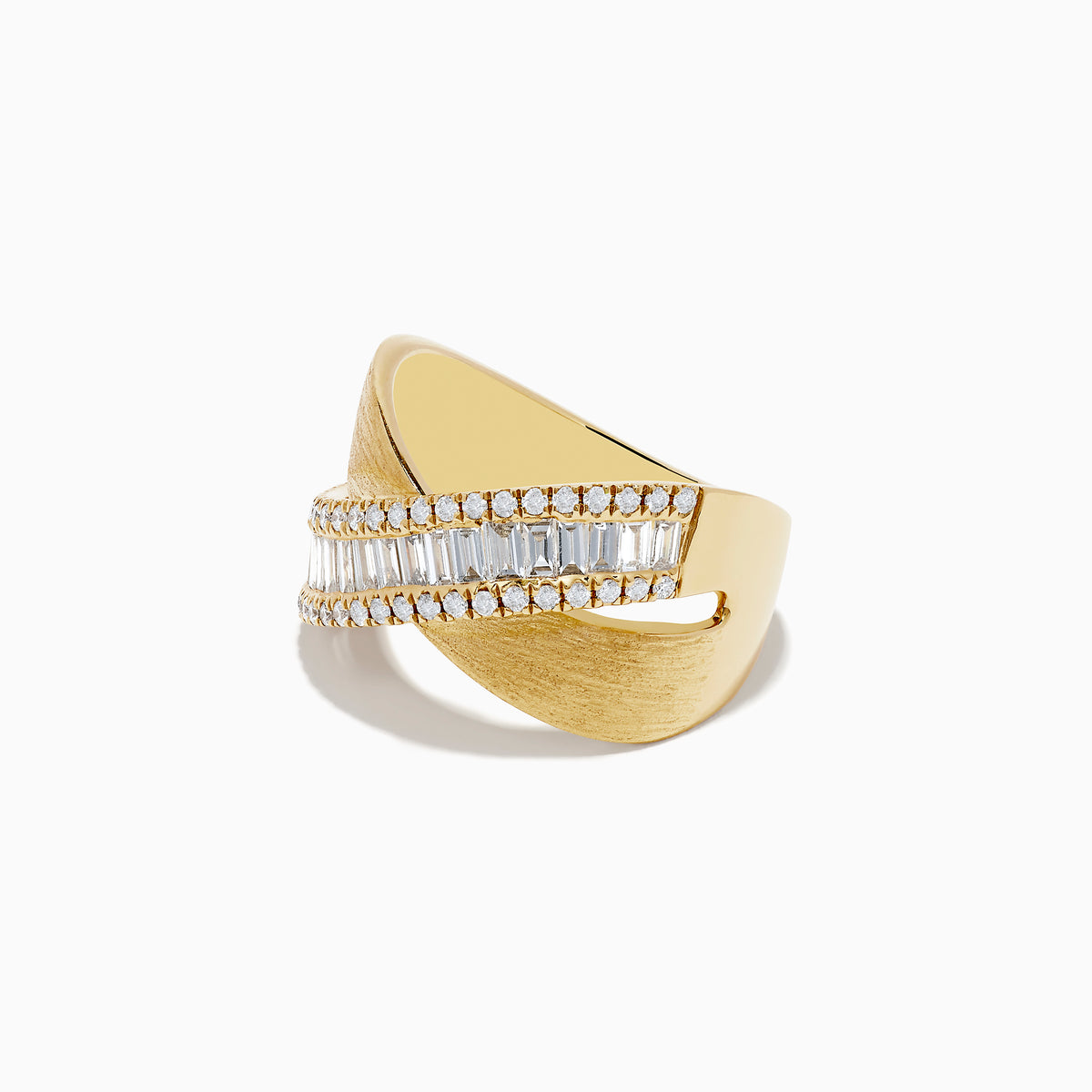 The DOro 14K Brushed Yellow Gold Diamond Criss Cross Ring showcases a bold crisscross design with baguette and round diamonds, all set on a matte gold band.