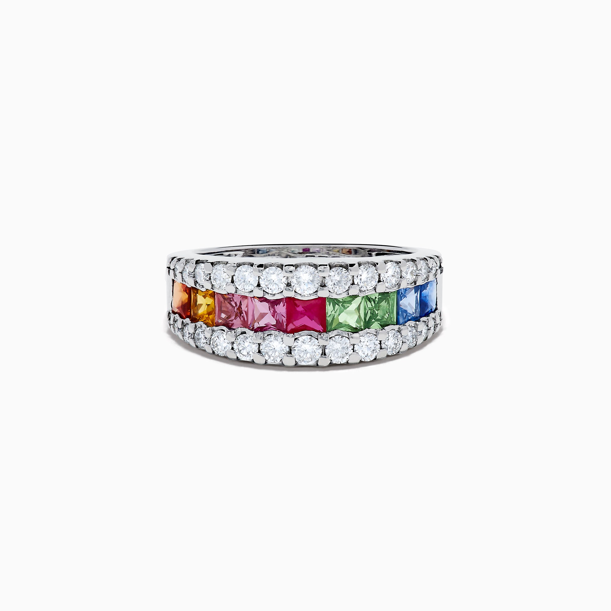 The Watercolors 14K White Gold Channel Set Multi Sapphire and Diamond Band showcases vibrant square-cut sapphires in a rainbow of colors, framed by sparkling round diamonds for a dazzling, colorful statement piece.