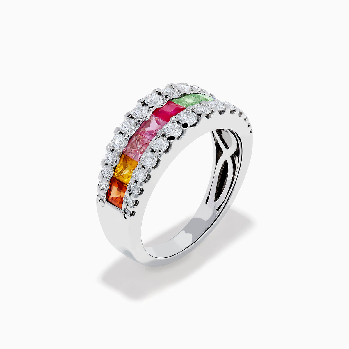 The Watercolors 14K White Gold Channel Set Multi Sapphire and Diamond Band showcases vibrant square-cut sapphires in a rainbow of colors, framed by sparkling round diamonds for a dazzling, colorful statement piece.