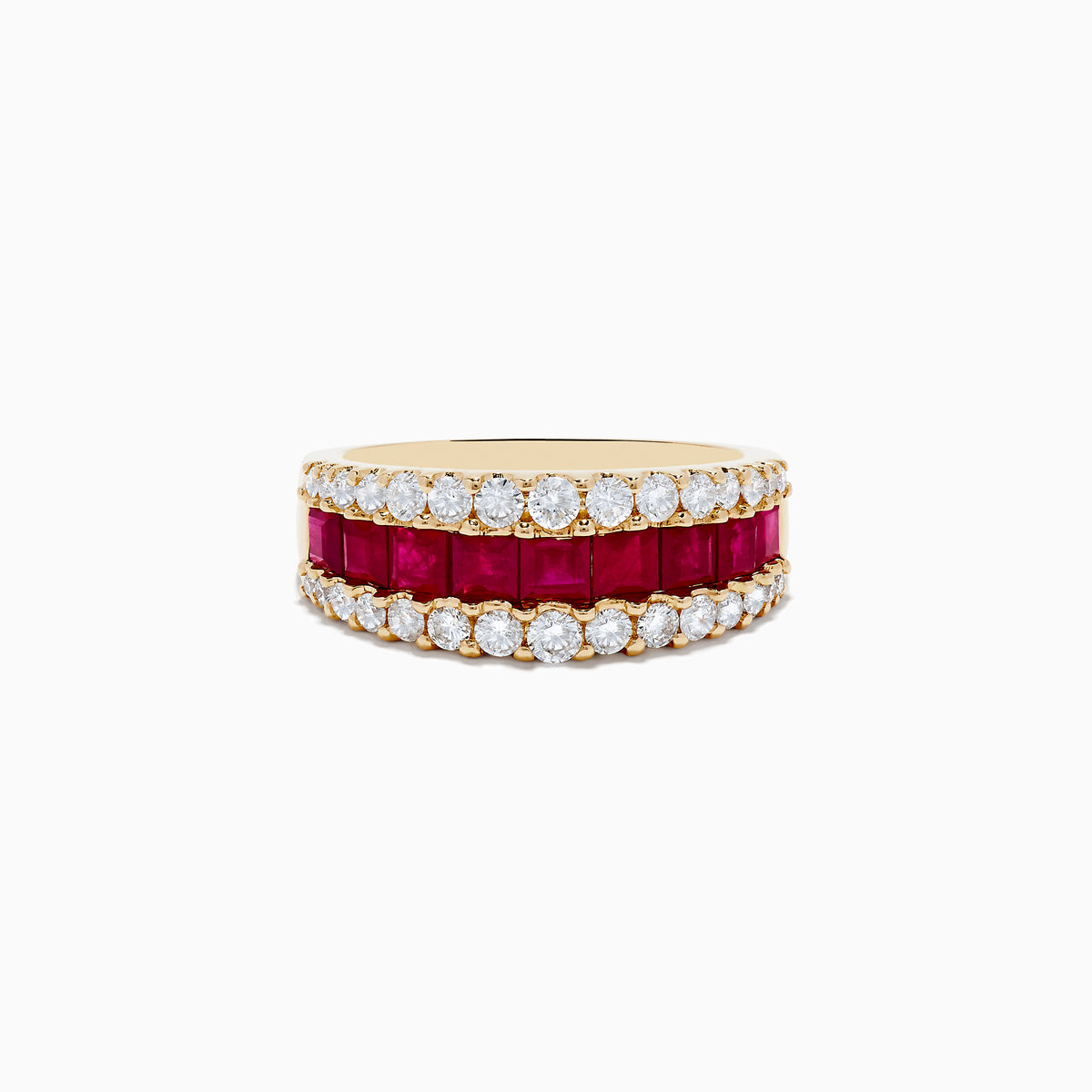 The Ruby Royale 14K Yellow Gold Princess Cut Ruby & Diamond Band features two rows of round white diamonds and a central row of princess-cut rubies, elegantly set on a white background.