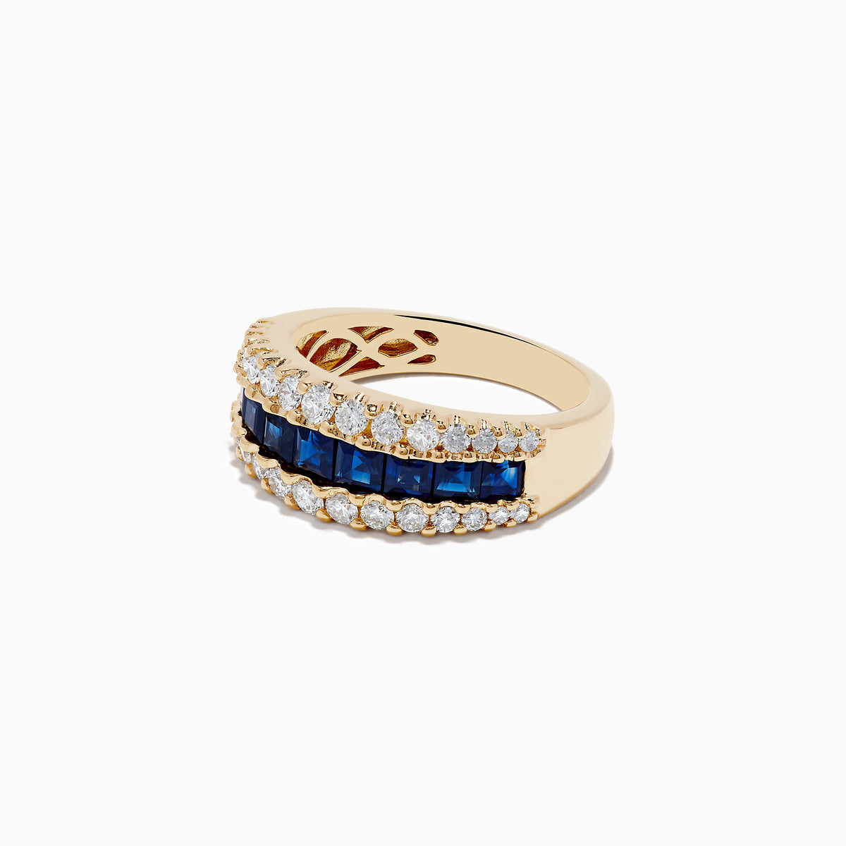The Royale Bleu 14K Yellow Gold Blue Sapphire and Diamond Ring showcases a central row of square-cut blue sapphires bordered by two rows of round white diamonds on a wide band.