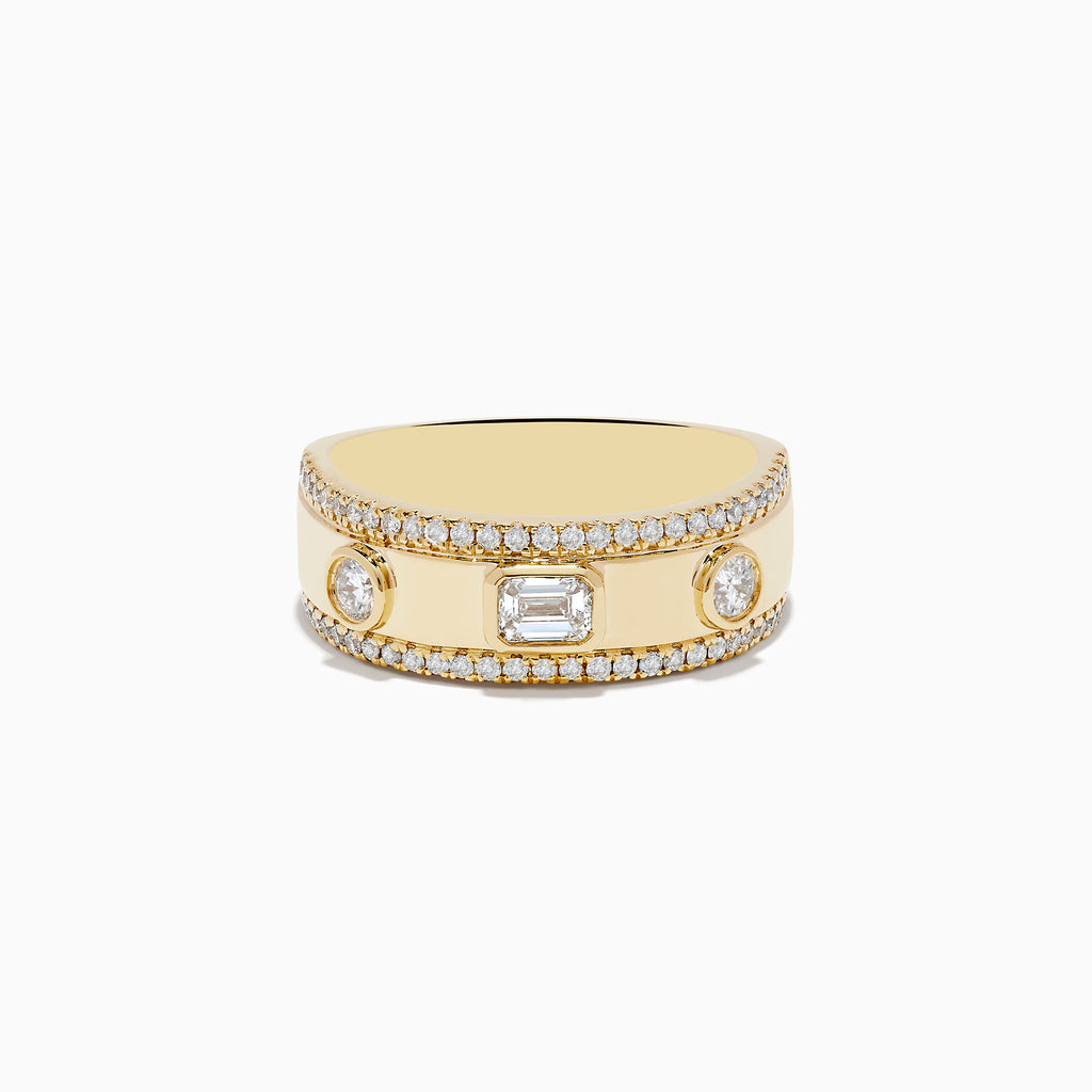 The DOro 14K Yellow Gold Bezel Set Diamond Band (0.67 TCW) showcases a central rectangular diamond flanked by round diamonds, all bordered by pavé diamonds along the top and bottom edges.