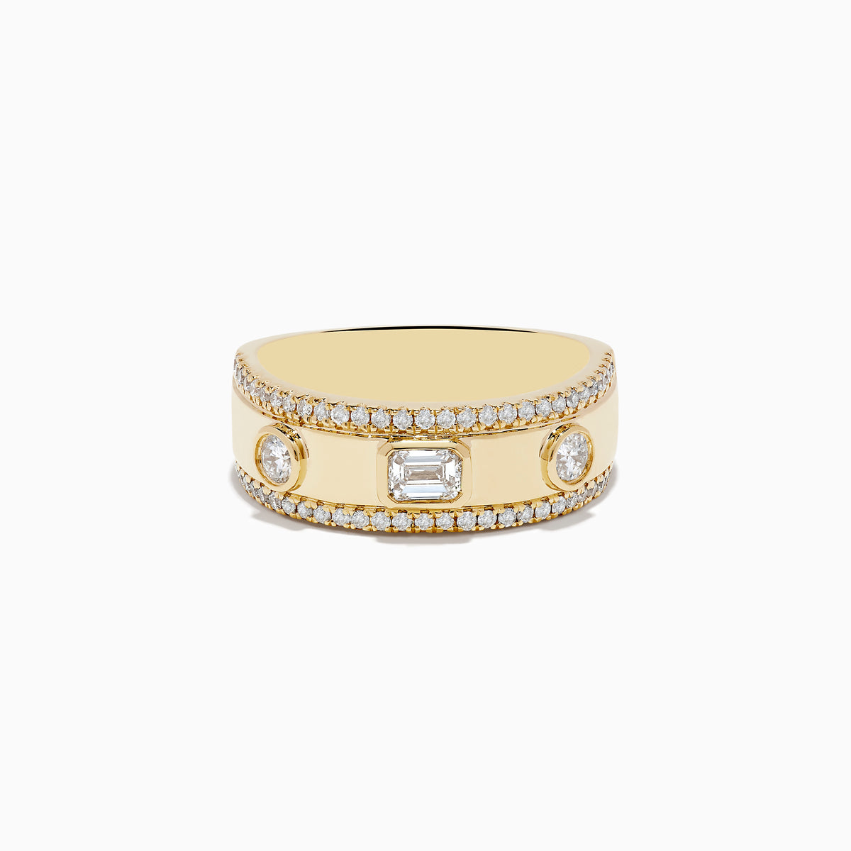 The DOro 14K Yellow Gold Bezel Set Diamond Band (0.67 TCW) showcases a central rectangular diamond flanked by round diamonds, all bordered by pavé diamonds along the top and bottom edges.