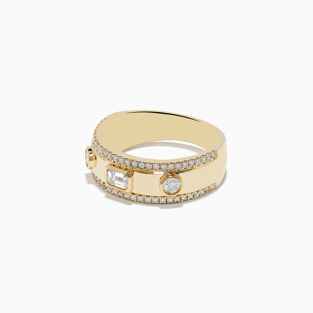 The DOro 14K Yellow Gold Bezel Set Diamond Band (0.67 TCW) showcases a central rectangular diamond flanked by round diamonds, all bordered by pavé diamonds along the top and bottom edges.
