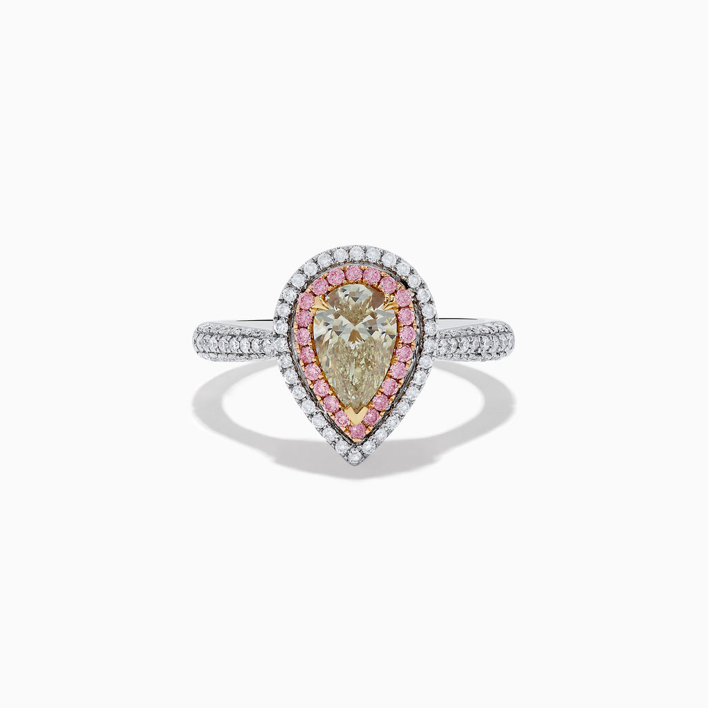 The Canare 18K Pear Shaped Yellow Diamond and Pink Diamond Halo Ring (1.52 TCW) features a pear-shaped yellow diamond, pink and white halo diamonds, set on a sparkling white gold or platinum band.
