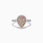 The Canare 18K Pear Shaped Yellow Diamond and Pink Diamond Halo Ring (1.52 TCW) features a pear-shaped yellow diamond, pink and white halo diamonds, set on a sparkling white gold or platinum band.