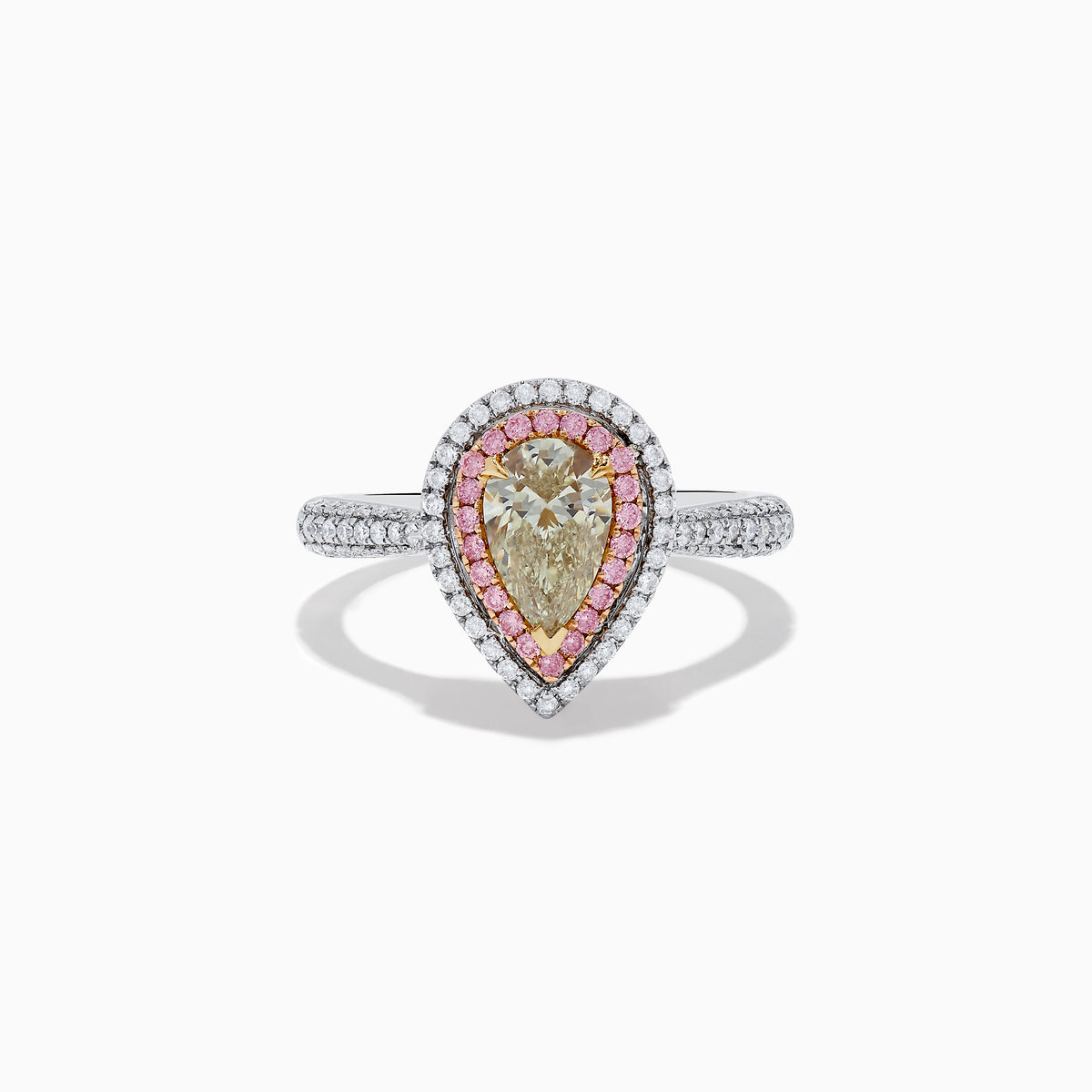 The Canare 18K Pear Shaped Yellow Diamond and Pink Diamond Halo Ring (1.52 TCW) features a pear-shaped yellow diamond, pink and white halo diamonds, set on a sparkling white gold or platinum band.