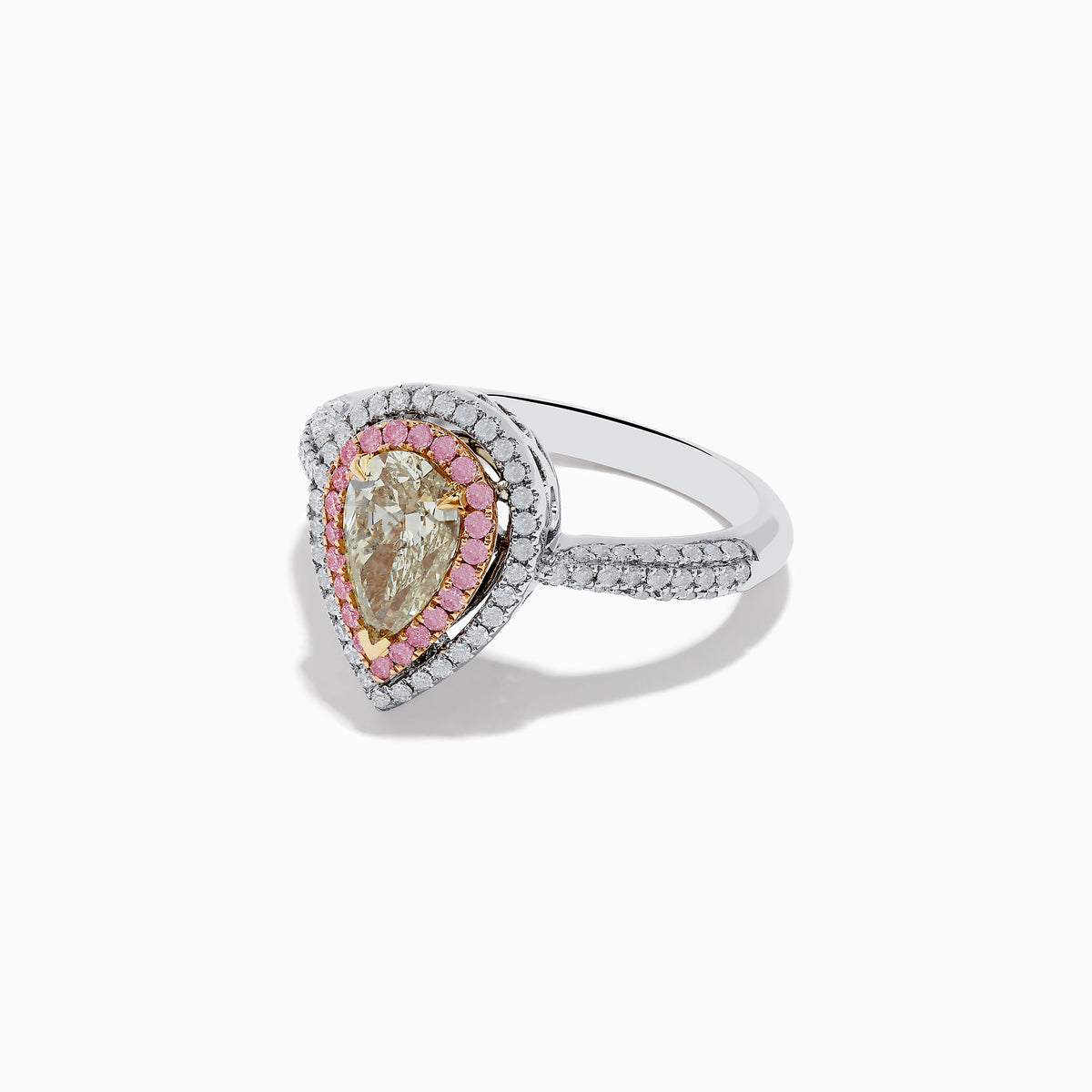 The Canare 18K Pear Shaped Yellow Diamond and Pink Diamond Halo Ring (1.52 TCW) features a pear-shaped yellow diamond, pink and white halo diamonds, set on a sparkling white gold or platinum band.