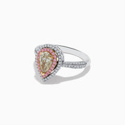 The Canare 18K Pear Shaped Yellow Diamond and Pink Diamond Halo Ring (1.52 TCW) features a pear-shaped yellow diamond, pink and white halo diamonds, set on a sparkling white gold or platinum band.