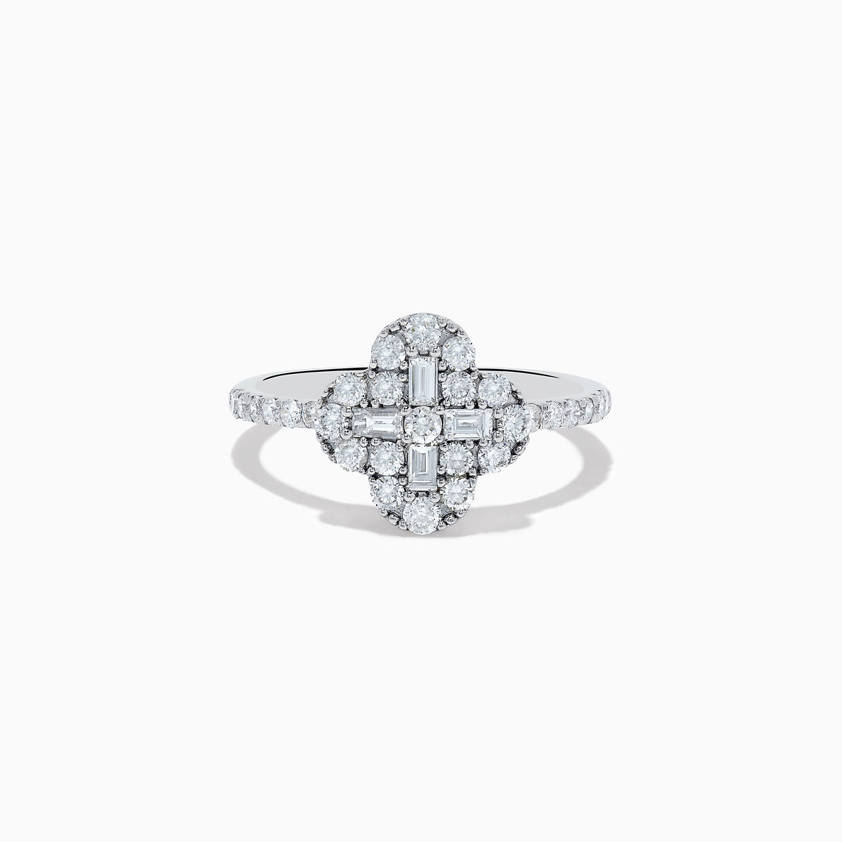 The Classique 14K White Gold Diamond Ring showcases a clover-shaped cluster of round and baguette diamonds on a slim, diamond-studded band, set against a white background.