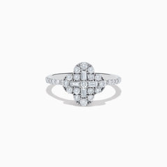 The Classique 14K White Gold Diamond Ring showcases a clover-shaped cluster of round and baguette diamonds on a slim, diamond-studded band, set against a white background.