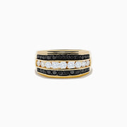 The Mens 14K Yellow Gold Black and White Diamond Ring features a wide band with three horizontal rows: black diamonds on the top and bottom, and white diamonds in the center.