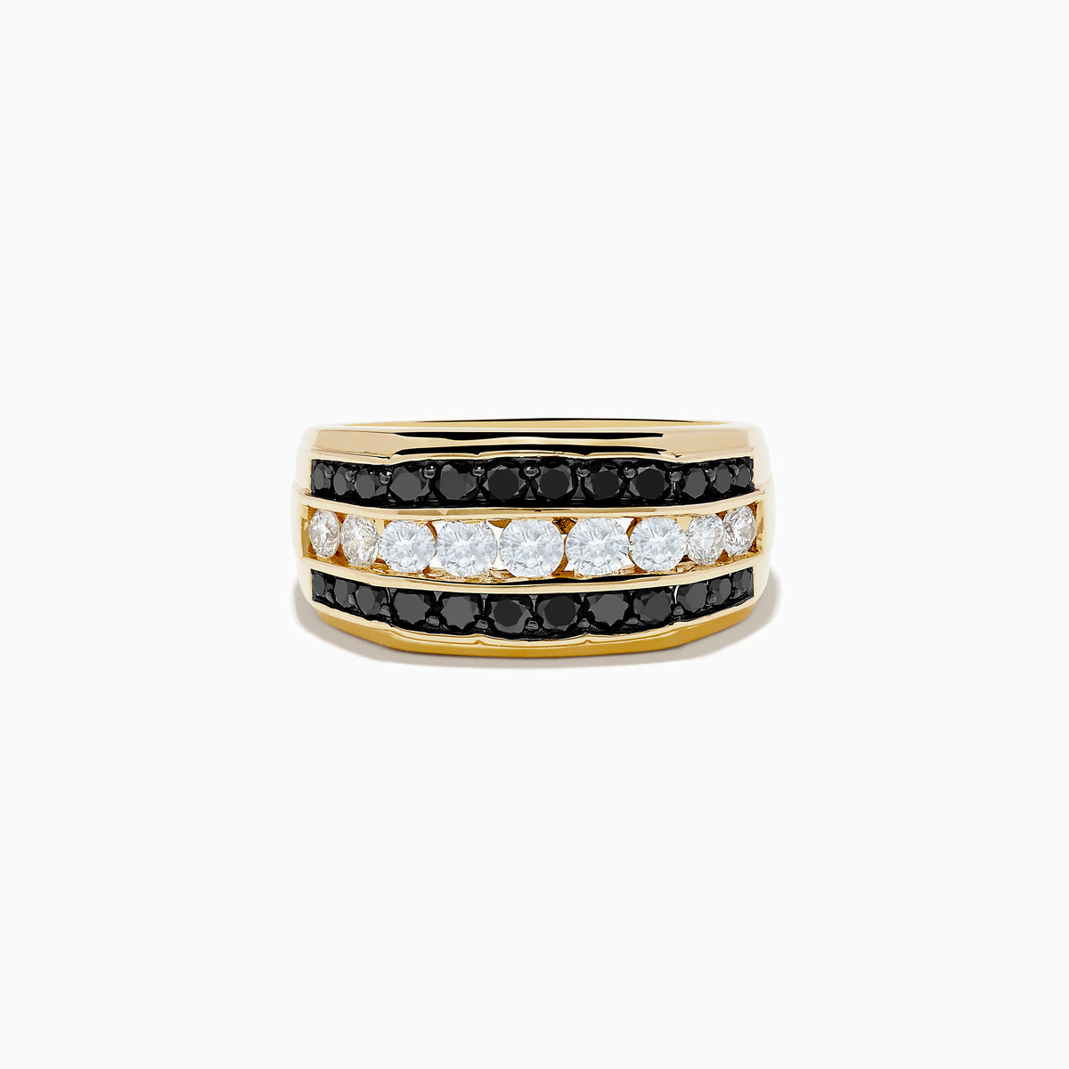 The Mens 14K Yellow Gold Black and White Diamond Ring features a wide band with three horizontal rows: black diamonds on the top and bottom, and white diamonds in the center.