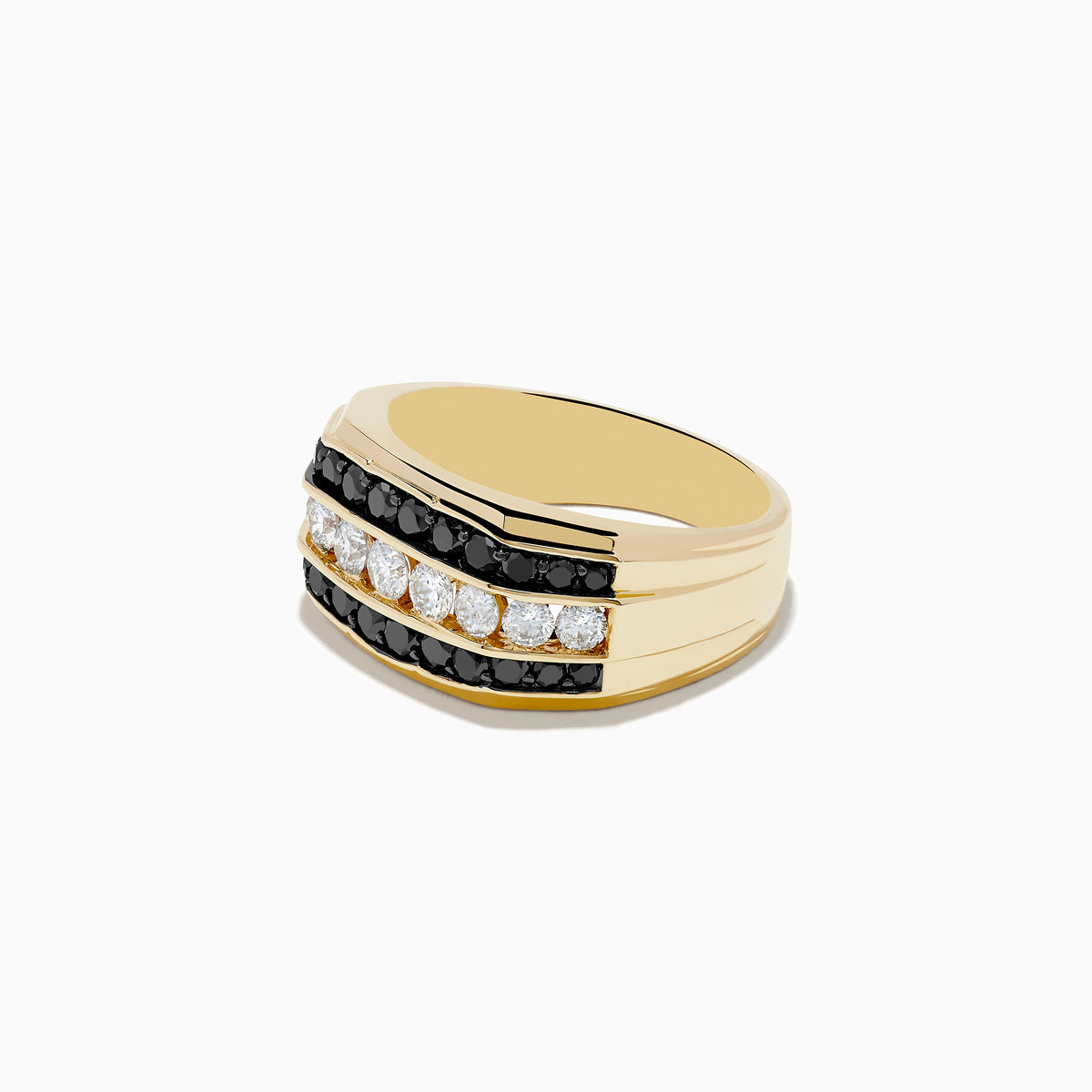The Mens 14K Yellow Gold Black and White Diamond Ring features a wide band with three horizontal rows: black diamonds on the top and bottom, and white diamonds in the center.