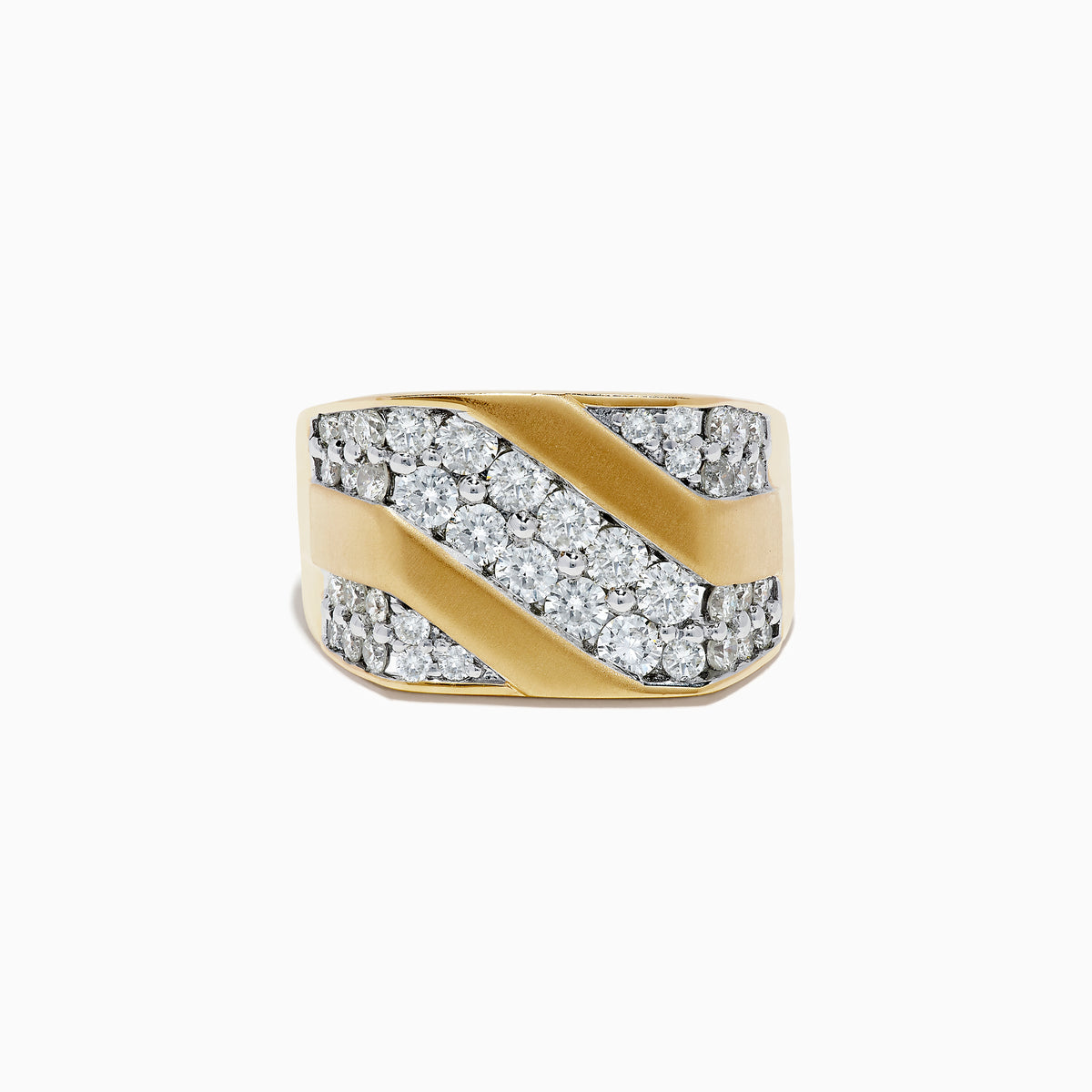 The Mens 14K Yellow Gold Diamond Ring features diagonal polished gold bands alternating with three rows of round diamonds across the top for a bold, sparkling look.