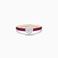 The 14k Rose Gold Ruby and Diamond Heart Ring features a heart-shaped diamond center and a band adorned with small rubies, showcased from the front on a white background.