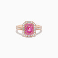 The 14K Rose Gold Pink Sapphire and Diamond Double Halo Ring showcases a rectangular pink sapphire center with a double halo of pink and white diamonds, plus diamond accents on the band.